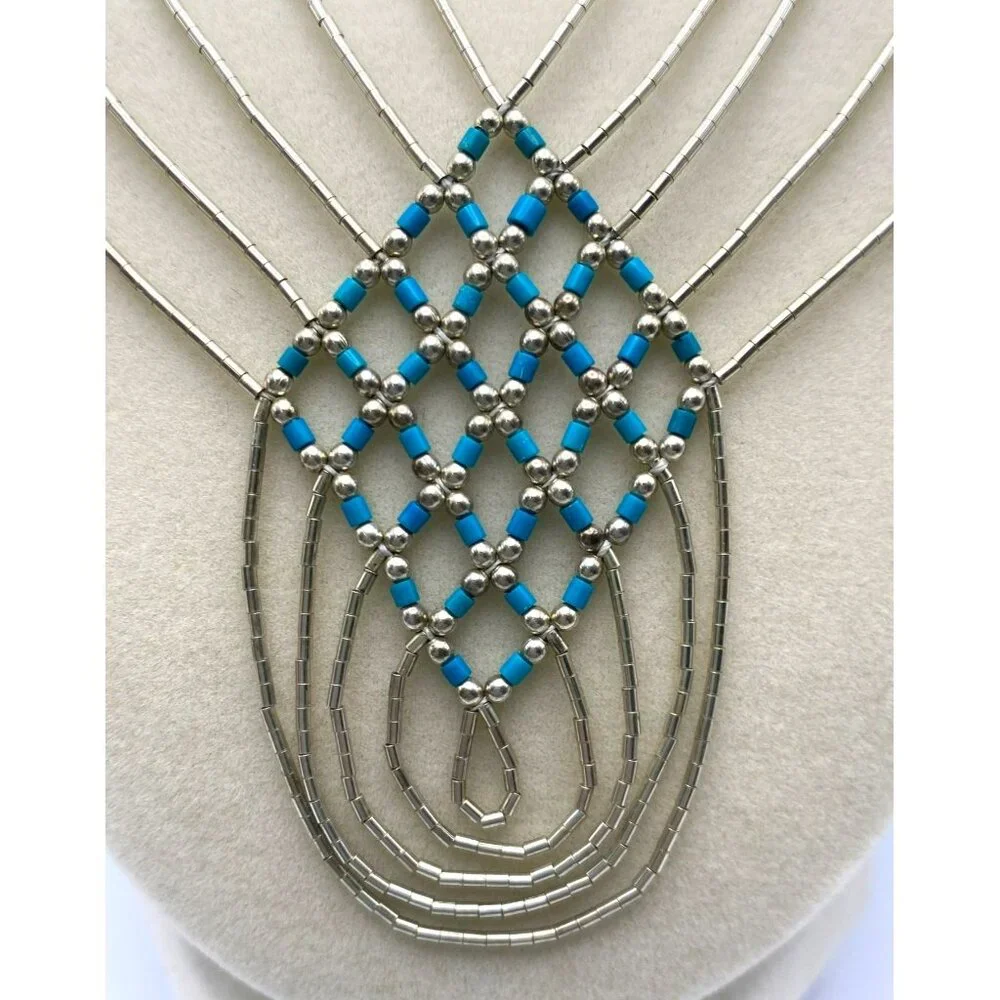 Native American Liquid Silver Woven Turquoise Beaded Necklace 18" Vintage 17.4g - Picture 5 of 9